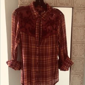 Free People plaid & lace blouse
